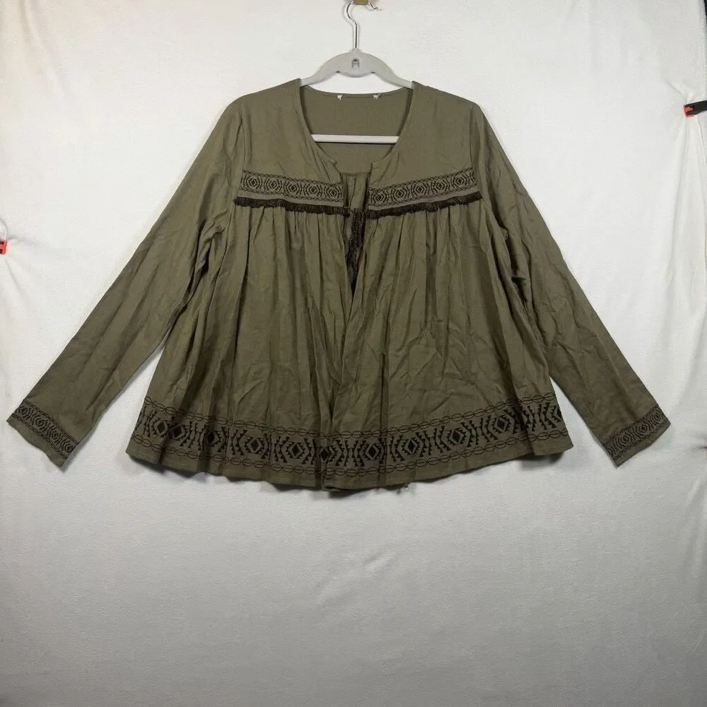 Boho Olive Green Embroidered Tassel Tie Blouse Peasant Top Fringe Festival